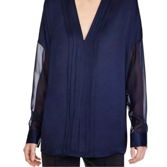 Vince Navy Satin V-Neck Pleated Front Blouse - Picture 2 of 5